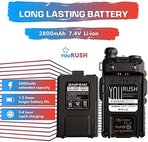 Radio Youush UV-5Rush 8W 2 Way-Напреден Baofeng UV-5R со батерија од 2800mAh и кабел за програмирање и тактичка антена преклопна компатибилен