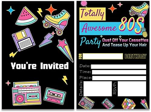 Покани за тематски забави во 80-тите години, пополнете сет од 20 со коверти, роденденска забава во 80-тите покани картички за забави