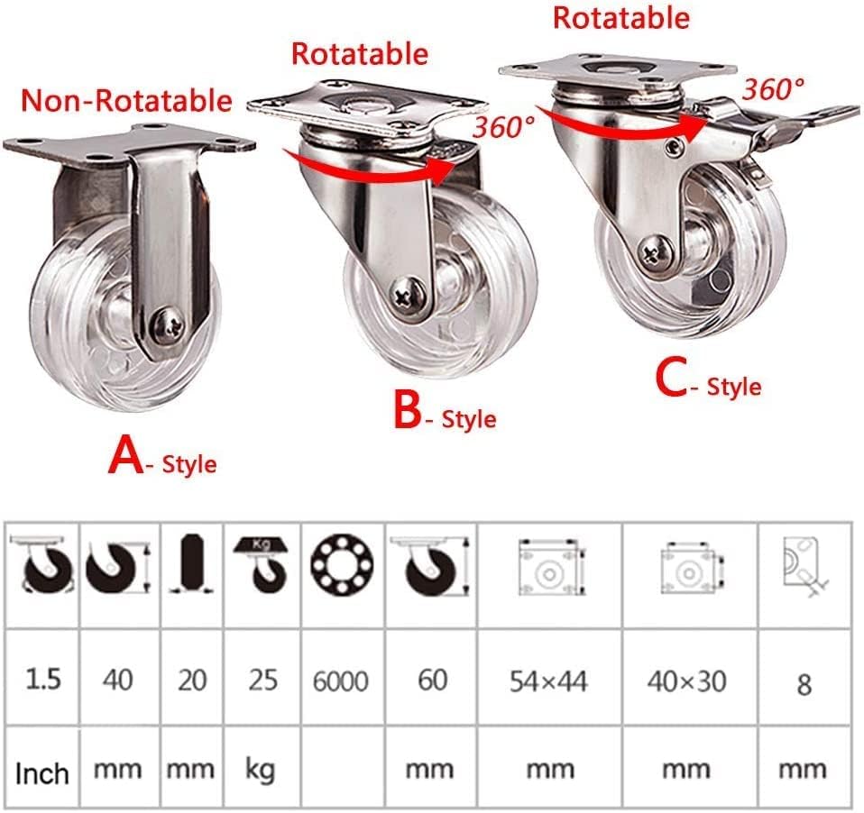 Nianxinn 40mm Мебел Тркало X4,Носивост 75kg,Држач од нерѓосувачки Челик,Транспарентен Вртлив Тркало Тркало Со Сопирачка,За Количка,Подножје,
