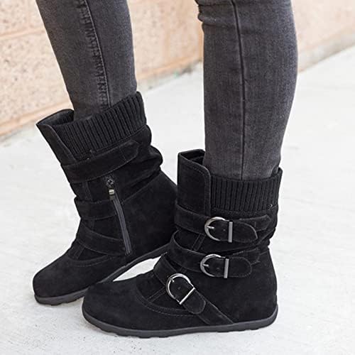 Badhub Women Winter Faux Suede Boots Casual Zippers Backs Strap топло глужд чизми Слаби плетени манжетни околу пети рамни чизми