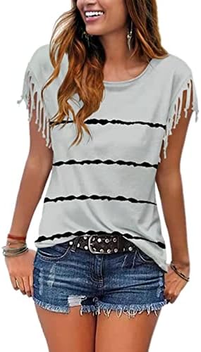 Женски врвови од маица со прицврстувачи на маица, обична тркалезна печатена маичка лето лабава лабава блуза со кратки ракави на врвот