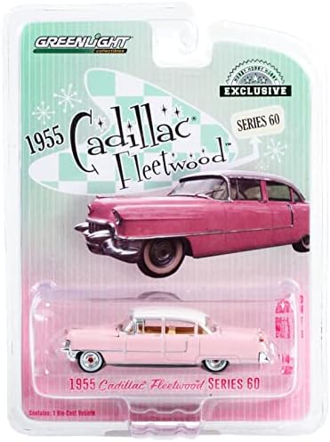 1955 Флитвуд Серија 60 Пинк со ексклузивна серија на хоби со бело врвно, 1/64 Diecast Model Car By Greenlight 30396