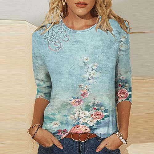 Блуза дами есен лето облека мода со долг ракав 3/4 ракав екипаж памук памук графички обичен врвен кошула за женски
