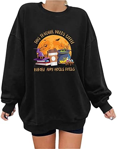 Женски кошули за Ноќта на вештерките со долги ракави, џемпери, обична кошула со екипаж, лабава вклопена удобна пулвер смешна графичка блуза