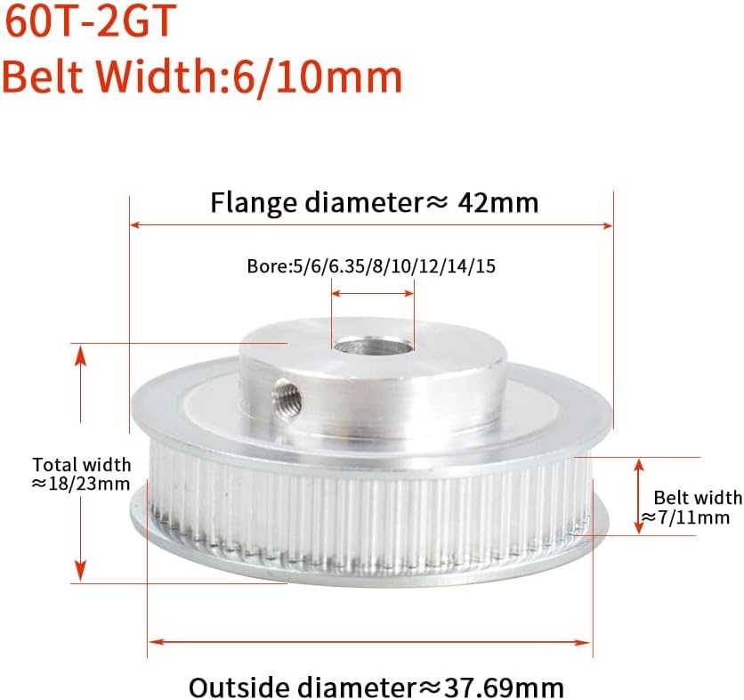 Zhengguifang Professional GT 60 T 2M 2GT Timing Mulming Borle 5/6/6/6.35/8/10/12/11/15mm за GT2 Отворена синхрона ширина на ременот 6/10мм опрема