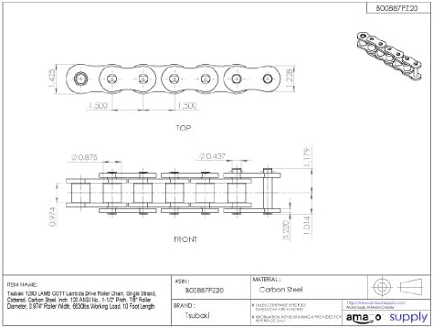 Цубаки 120ламцб Ламбда Диск Ролери Синџир, Една Влакно, Котер, Јаглероден Челик, 120 АНСИ Бр., 1-1/2 Теренот, 7/8 Дијаметар На