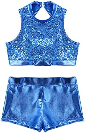 Моггемол Девојки девојки 2 парчиња танцови облеки Sequins Crop Top со метални шорцеви Поставете џез хип хоп танцувачка облека