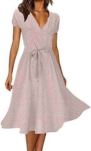 Етија лето жена жена обичен фустан летен фустан v вратот цврста боја полска точка печатена фустан со кратки ракави чипка до вратоврска
