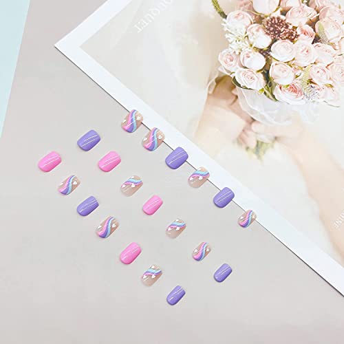 Розова И Виолетова Притиснете На Ноктите Краток&засилувач;Светло Розова француски Врвот Лепак на ноктите Средно Долги Лажни нокти За Жени И Девојки