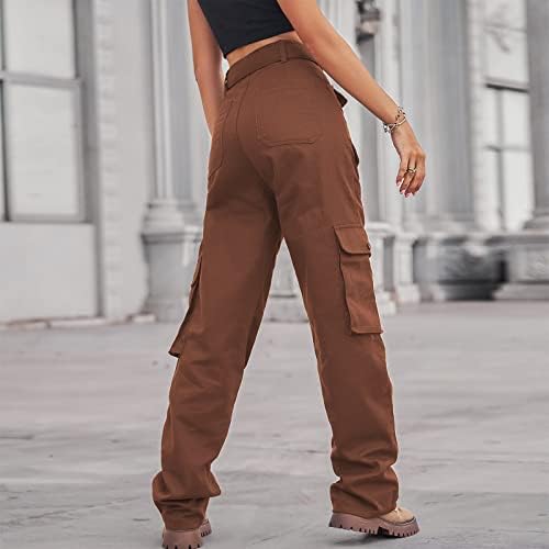 Ndvyxx женски карго панталони со висока половината права нога долги панталони обични мулти џебови тенок вклопување на отворено падобран панталони