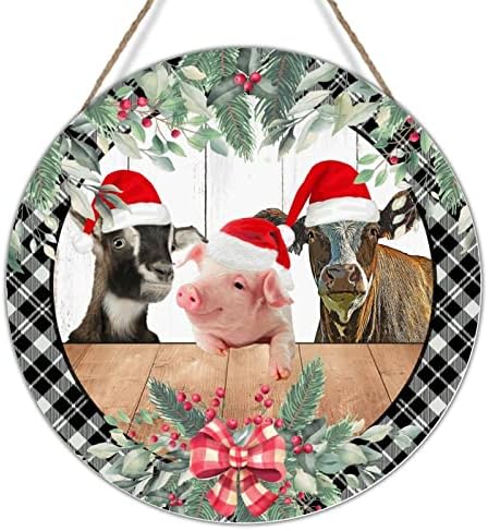 Божиќна фарма животинска крава свињи wallид декор знак сива црна карирана проверка Божиќ венец дрва палета wallид виси знак за новогодишен знак за новогодишно знак за