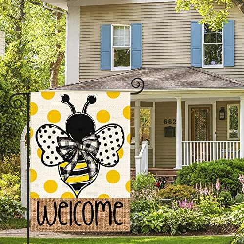 Avoin ColorLife Lumture Polka Dot Bee Добредојдовте градинарско знаме 12x18 инчи двострана надвор, сезонски празник за празник