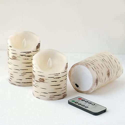 EfavormArt сет од 3 | Топло бело белознато леживо треперење предводени од огништето столб, свеќи за дизајн на кора од кора од бреза