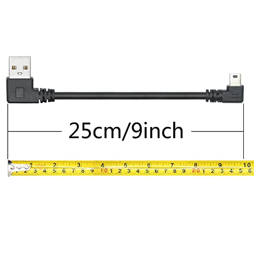 Краток мини USB кабел 9 инчи, кабел за напојување со фотоапарати, кабел за напојување, 90 степени на лев агол до мини за полнење со лев