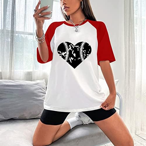 Летни врвови за жени обични трендовски маички за спојување на бои, безбол печати кратки ракави маички девојки лабави слатки тимови