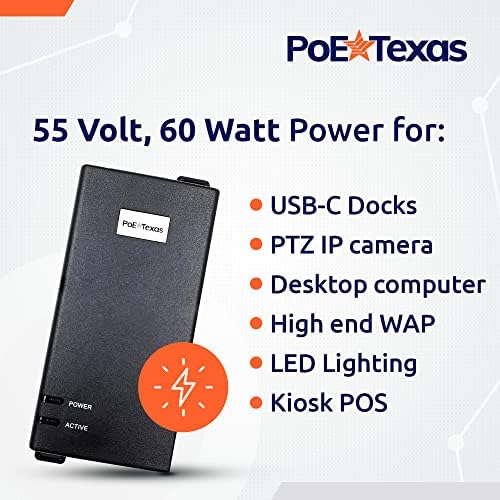 POE TEXAS 60 WATT POE INECTOR - 802.3BT POE ++ Единечна порта 4 -пар напојување преку Ethernet Injector - Активен адаптер POE со излез од