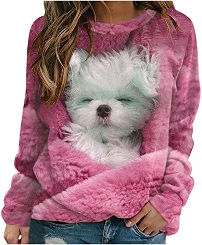 Женски нејасен топол пуловер 3Д кучиња шема печати цврста боја џемпер врвови со долги ракави екипаж, обична лабава блуза за туника