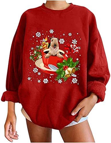 Женски обичен екипаж џемпер со долги ракави Божиќно куче печатена кошула плус големина лесен пуловер блуза врвови