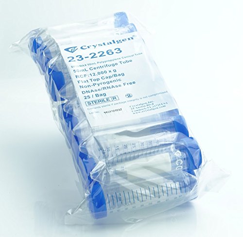 Кристалген 23-2263 полипропилен конусна центрифуга цевка со сина завртка, стерилна, капацитет од 50 мл, пакет од 500
