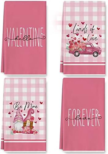 Служба за кујнски пешкир за Денот на вineубените, розово романтичен камион Loveубов Gnome, чинија за садови Бафало карид, слатка рака за сушење