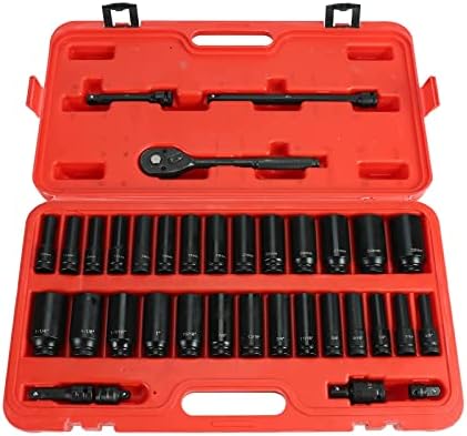 Tyfyb 35PCS 1/ 2inch диск 6 поени Господар на приклучок за влијанието на влијанието со W/ Ratchet рачки и шипки за продолжување,