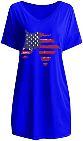 Денот на независноста на HCJKDU Фустани за жени Краток ракав против вратот на САД, знаме за печатење мини фустан, летен случајниот лабав патриотски