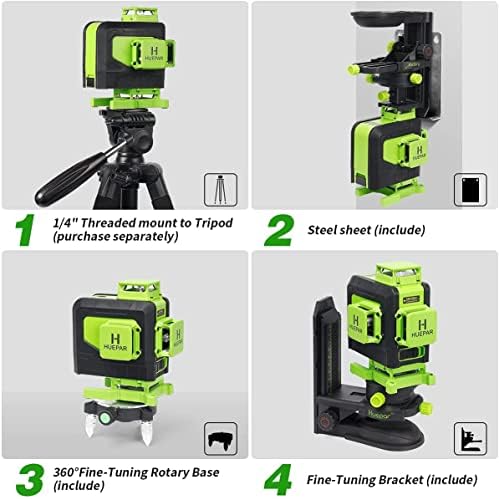 Huepar 4x360 Laser Level само-ниво на самостојно ниво со далечински управувач 4D Green Cross Line Laser Laser Tool-2 X 360 хоризонтални/вертикални