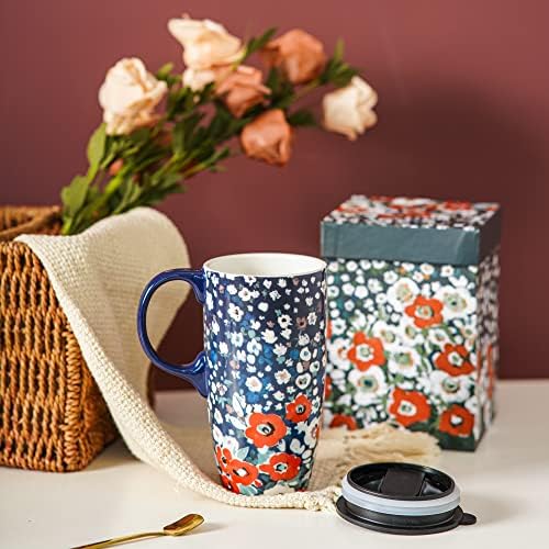 Dusvally Cafe керамички кригла патување кафе чаша порцелан лате чај чај со капаче и кутија во боја 17oz.lagge Thall Crug, бели и црвени цвеќиња
