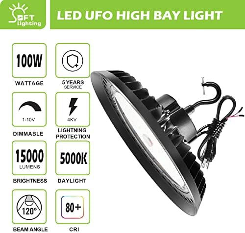 Bft LED High Bay Light Нло LED Осветлување 100W 15,000 LM 5000K 1-10V Dimmable, 400w КРИЕШЕ/HPS Equiv.5 ' Cable со US Plug,Ip65
