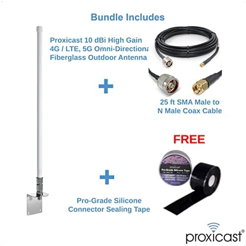 Proxicast 10 dbi 4g, 5g омни антена + 25 ft sma/n coax кабел + бесплатна силиконска лента