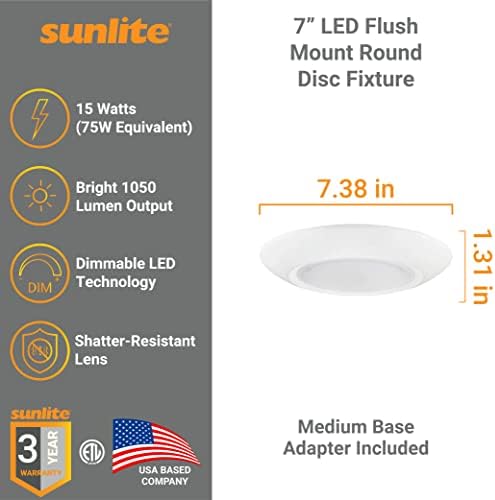 Sunlite 87744 7 LED Flush Монтирање Тркалезна Диск Тела, 15 Вати , Температурата На Бојата Подесување , 1050 Лумени, 35,000 Часовен