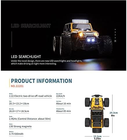 UJIKHSD RC автомобили далечински управувачки автомобил 1:22 Off Road Monster Truck, 2WD LED Fir Blight Rock Crawler, 2,4GHz целиот камион за