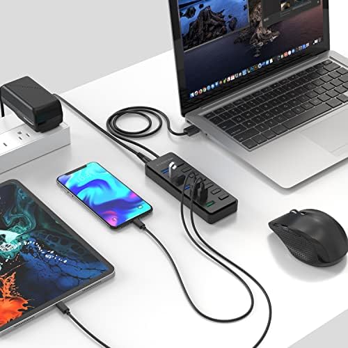 Lenter напојува USB Hub 3.0, 7-порта за раздвојување на податоци, 3 паметни полнење, индивидуални прекинувачи за вклучување/исклучување