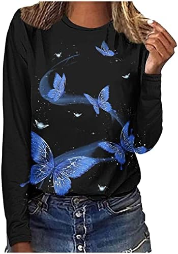 Mrgiinri 2023 Модна маичка за женски гроздобер цветни печати блуза со екипаж, обичен долг ракав, лабав вклопни врвови на пулвер, врвови