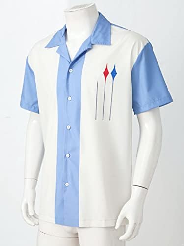 Винчанг Менс 50-ти ретро копче надолу во куглање со кратки ракави кубански стил ретро два тон кампови кошули небо сина 001 3x-голема