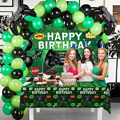 Среќна роденденска игра на ниво нагоре Зелена екстра голема ткаенина знак за постер во позадина на банер 2 парчиња водоотпорни чаршафи и метални метални сјајни бал