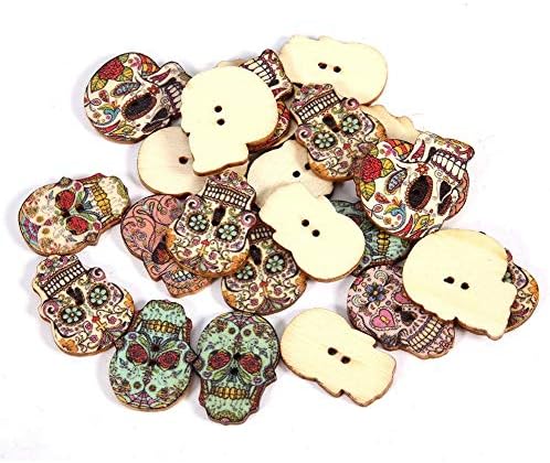 Зеродис 50 парчиња дрвени копчиња, копчиња од дрво во форма на череп со 2 дупки DIY рачно изработени материјали за шиење облека за занаетчиски