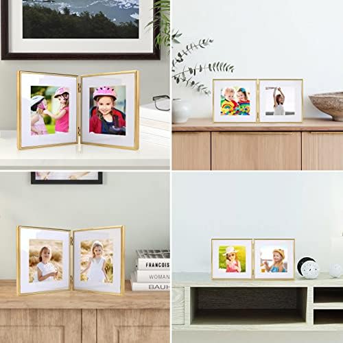 Bowenturbo 6x6 метални рамки за слики со двојна шарка, преклопување на фото рамка, декор на домашни канцеларии или предмети за подароци, четкано злато.