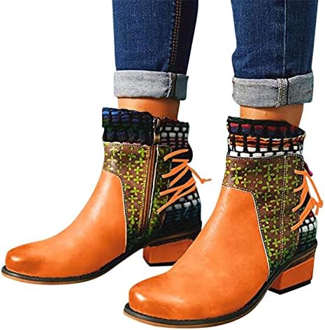 Шије каубојски чизми за жени Чунки со ниски потпетици ретро патент чизми шарени печатени чизми точки на пети на чевли за чизми