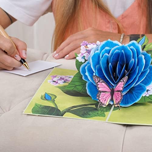 Хартија Loveубов 3D Blue Rose Pop Up Card, за ден на вinesубените, роденден, ден на мајки, сите прилики - 5 x 7 - вклучува плик и ознака за белешки