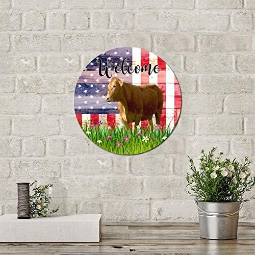 Гроздобер метален калај знак за добредојде на добредојде, измешана американска Flag Flowers Lawn and Cow Retro Bar Home Sign Plaque
