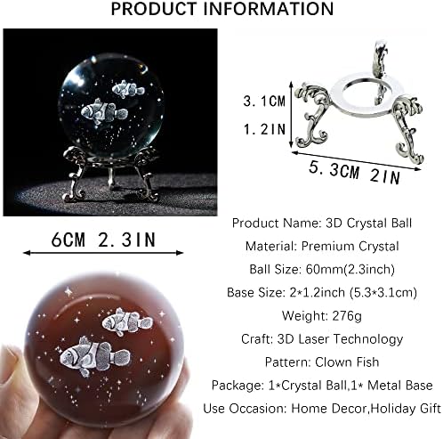 HDCRYSTALGIFTS 60mm Кловн Риба Кристална Топка Хартиена ТЕЖИНА 3D Внатрешна Резба Ѕвезда Океан Море Животно Целосна Сфера Уметност Стакло Декоративна