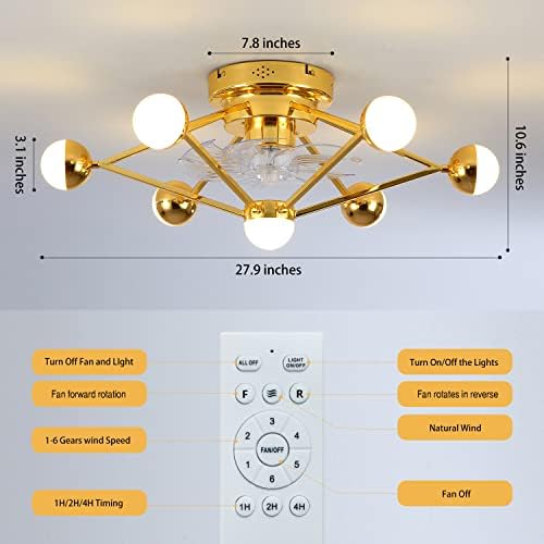 Beaysyty модерен вентилатор на таванот со лесен далечински управувач, затворен индустриски метал со тавански вентилатор со светла, златна таванска светлина со вентил?
