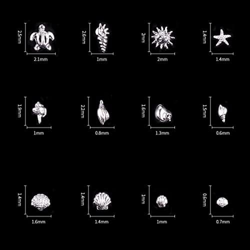 12 Girds Сребрени метални столпчиња за нокти Мешани океански морски обвивки/конч/starвездички 3Д метални парчиња снегулки DIY уметнички украси
