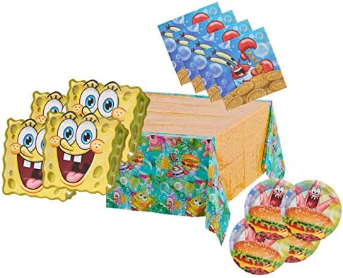 PMF производи Spongebob Party Supplies за 16 гости вклучува 16 чинии за вечера, 16 десертни плочи, 16 салфетки за вечера, 1 табела, пакет