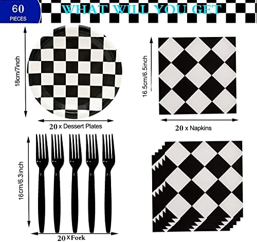 60 парчиња Црно-Бели Карирани Материјали За Забави Со Тркачки Автомобили, Комплет Садови Со Тематска Трка 7Тркачки Десертни Хартиени Чинии