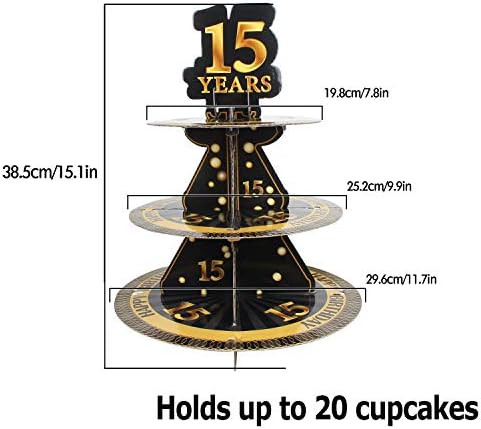 Среќен 15-ти Роденден 3 Нивоа Картонски Штанд За Кекси / Кула Тркалезна Чинија За Сервирање Роденденски Украси Поздрав До Слатка 15