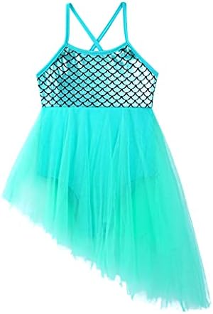 Yeeye Девојки девојки лирски танц леотард сјајна риба скала Неправилна висока ниска мрежна здолниште Камизол танц фустан