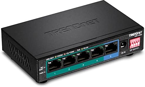 Trendnet 5-порта Gigabit Long Range PoE+ Switch, TPE-LG50, 4 x POE+ порти, 1 x Gigabit порта, прекинувачот за натопи на фотоапаратот се протега POE+ 200m, заштита на животна заштита црна
