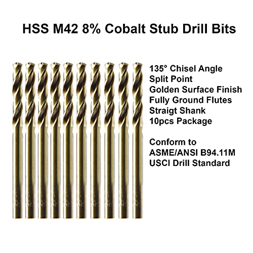 MaxTool 9/64 10 парчиња Идентични вежби за машина за завртки HSS M42 Cobalt Twist Stuck Pilk битови целосно земја златни права